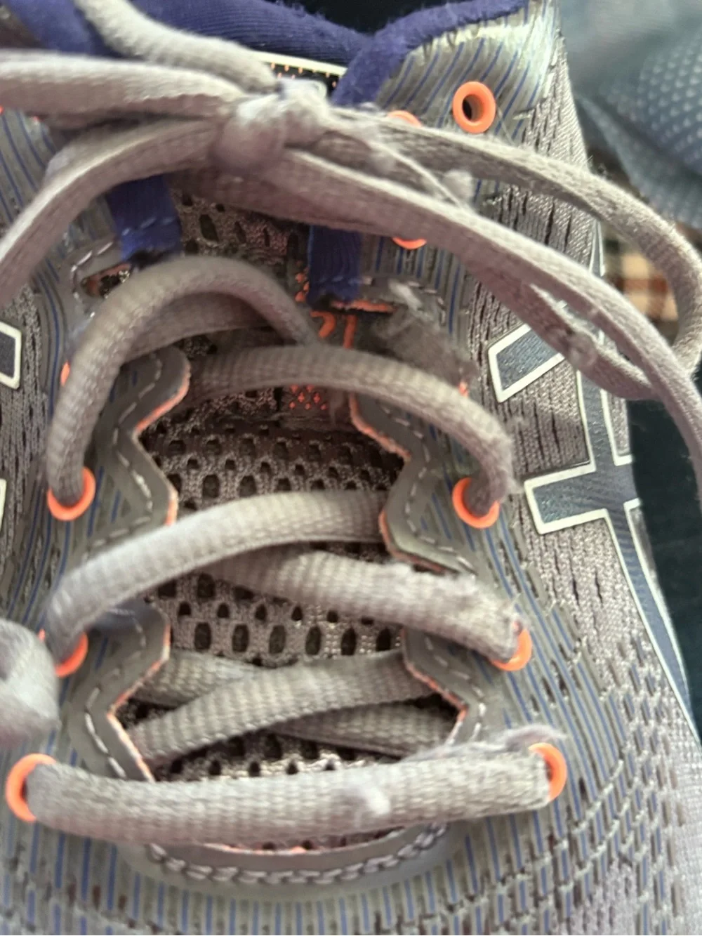 ASICS Woman’s Gray and Navy Running Shoes with Coral Highlights